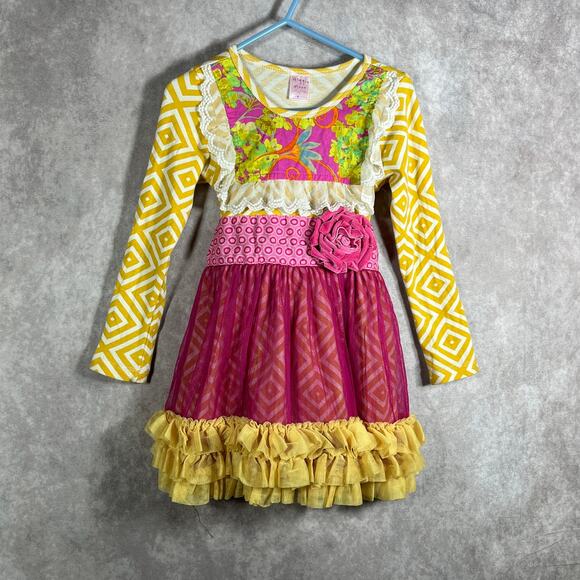 Giggle Moon Dress Girls 4 Multicolor Ruffle‎ Trim Long Sleeves Casual Tulle Bow - Picture 1 of 8